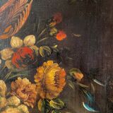 Ecole hollandaise XIXe, huile sur toile. “Bouquet de fleurs sur un entablement”.
