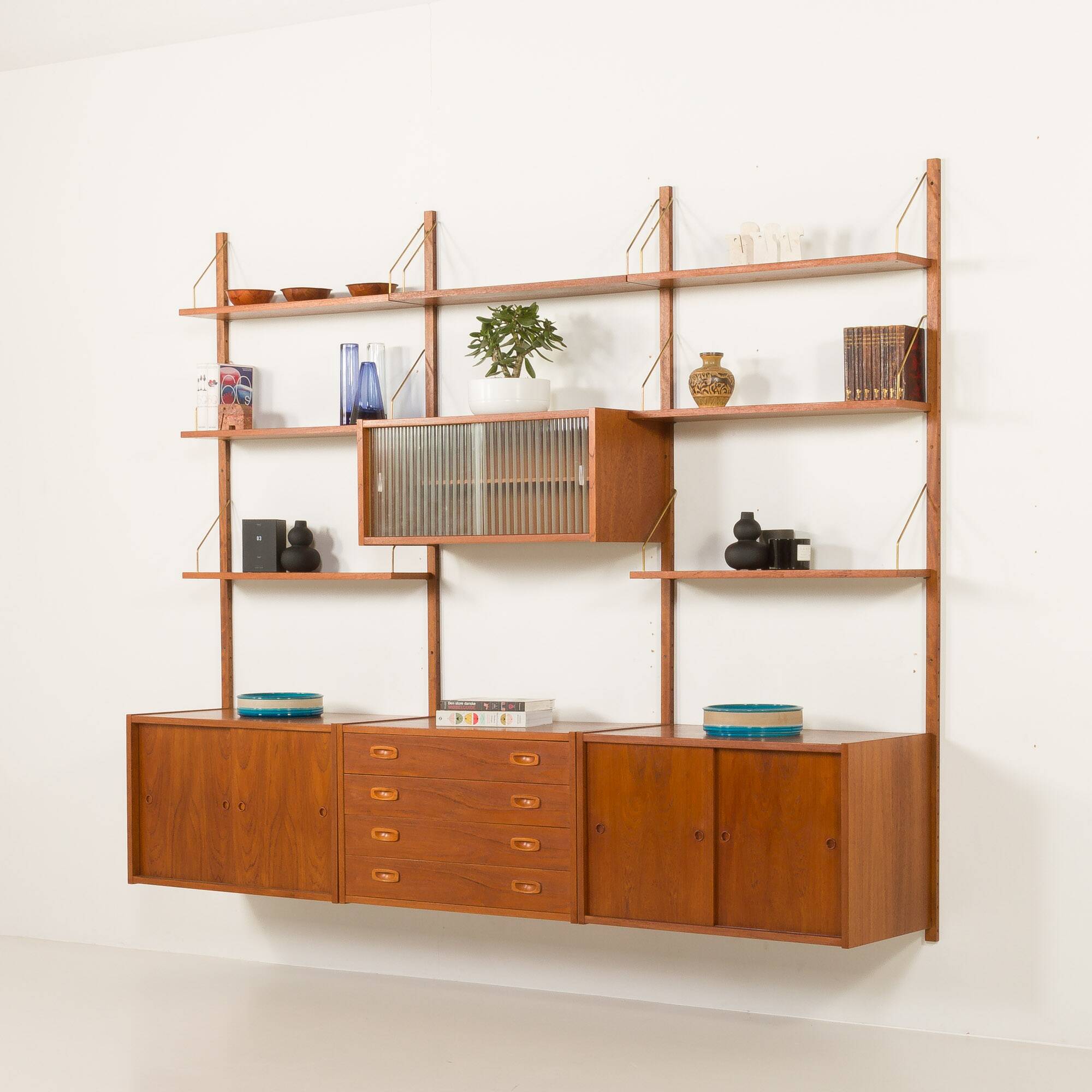 Preben Sorensen PS System three bay teak wall unit, Randers, Denmark 1960s