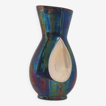 Verceram vase iridescent blue ceramic 60s Height 26,7 cm