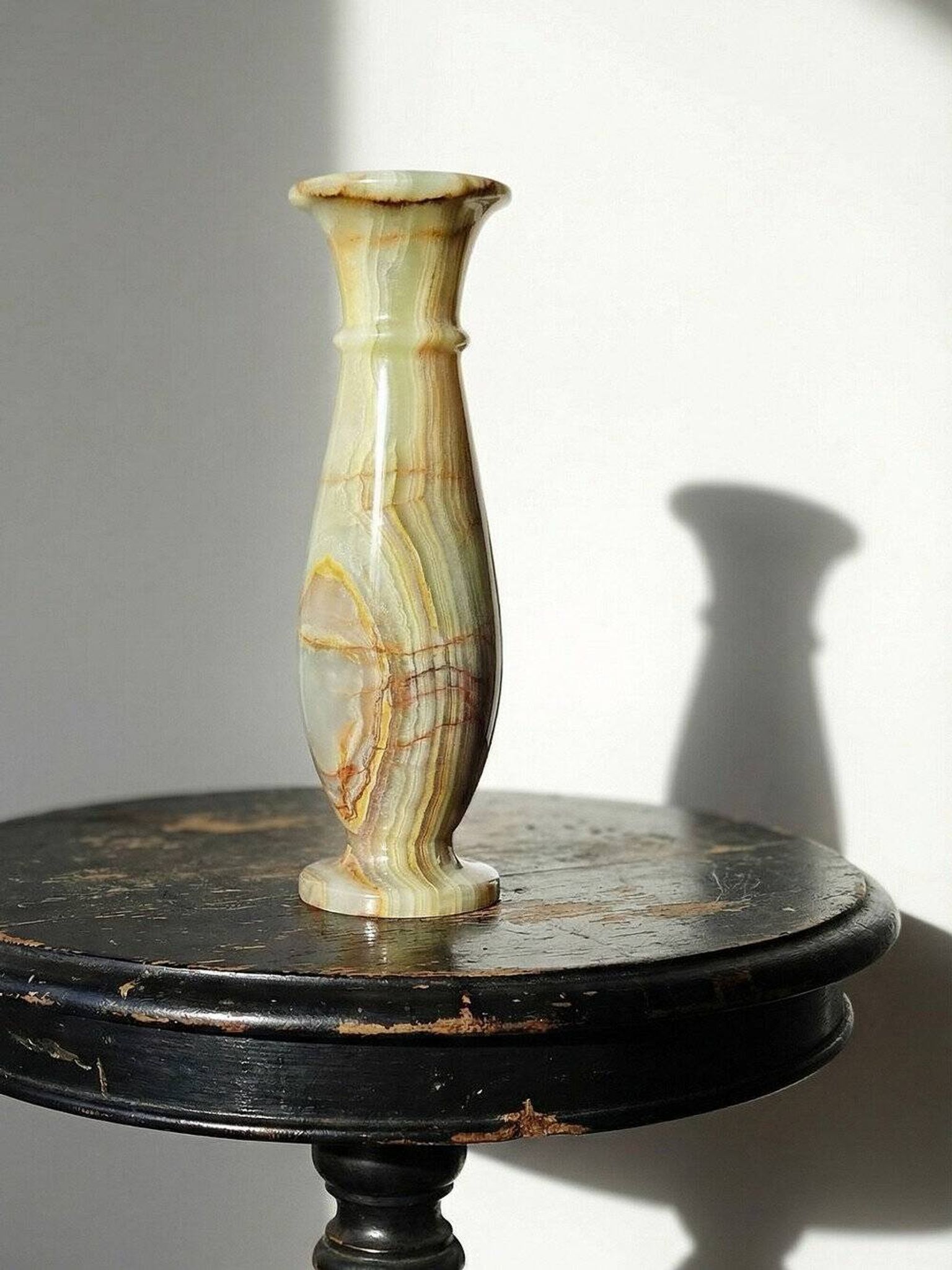 Small vintage baluster vase in green striped onyx, Italy, mid-century.