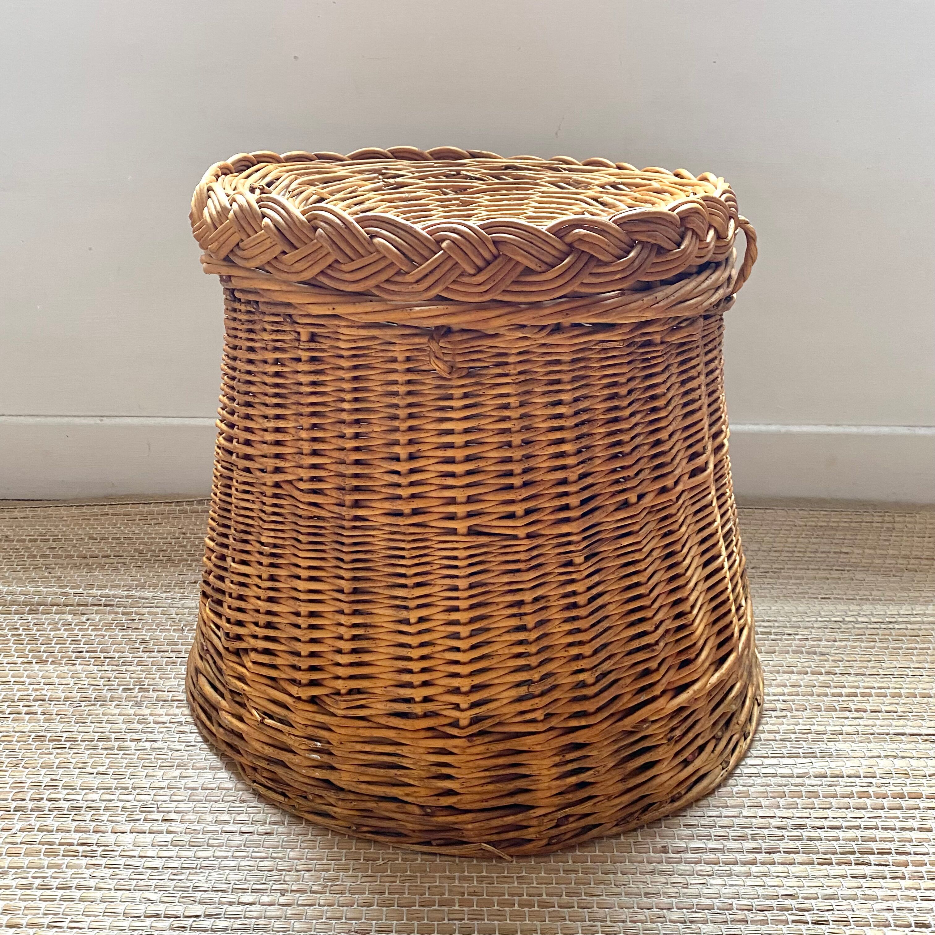 Vintage pouf braided wicker storage chest
