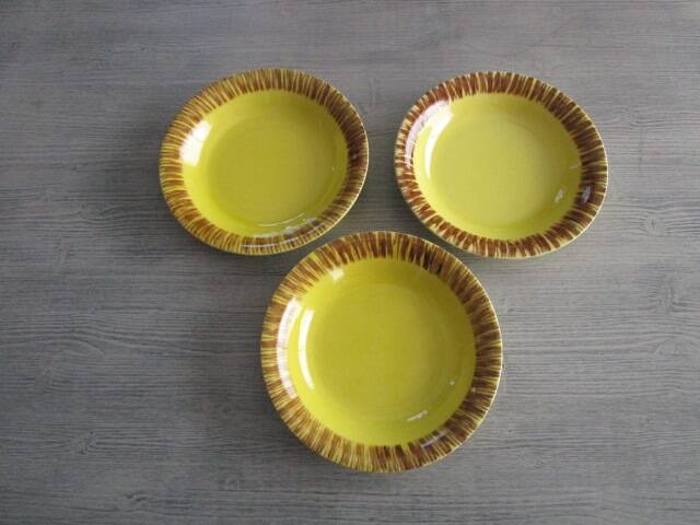 3 old vintage earthenware soup plates