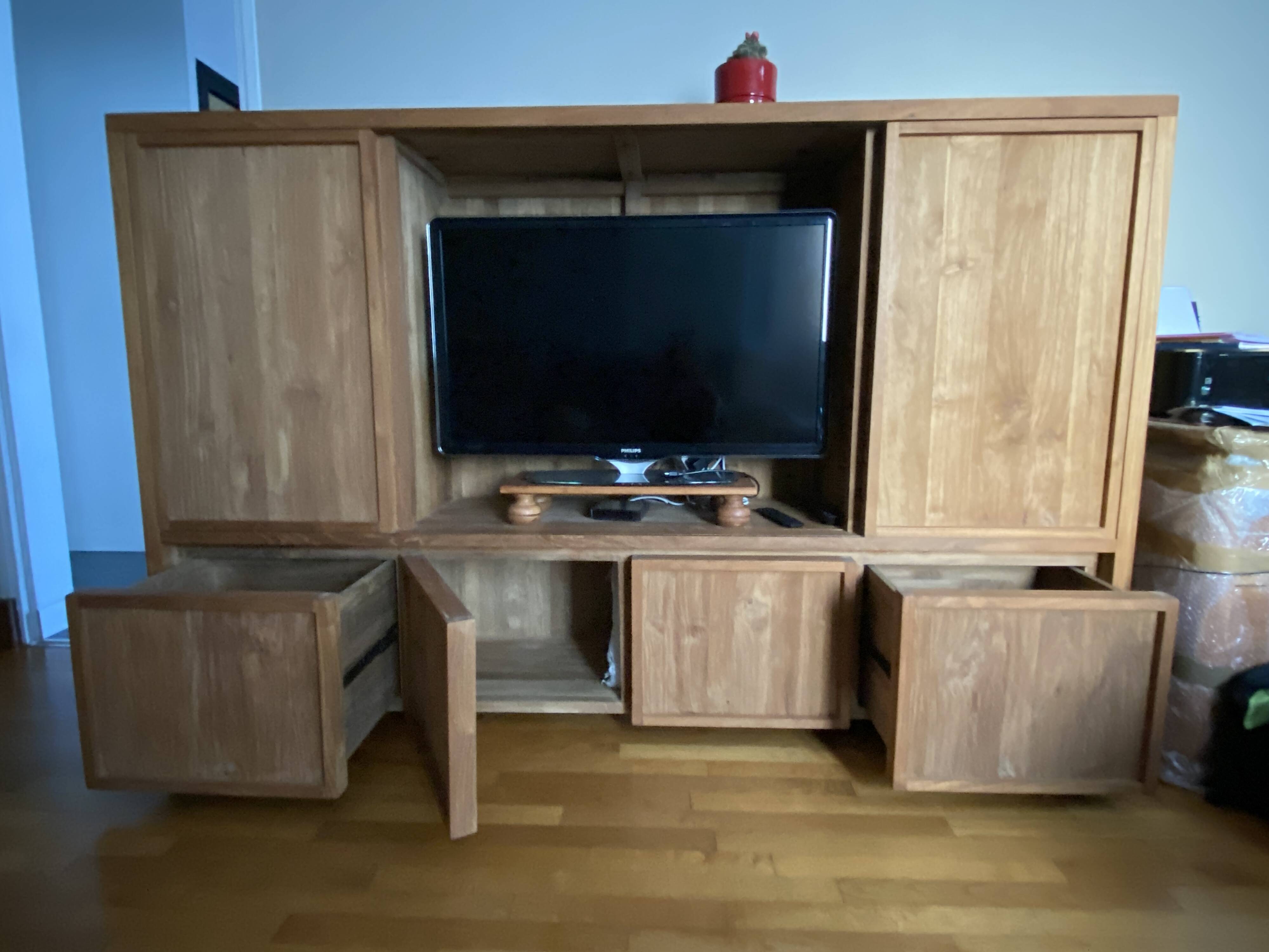 Tv unit with shelves and storage in solid teak