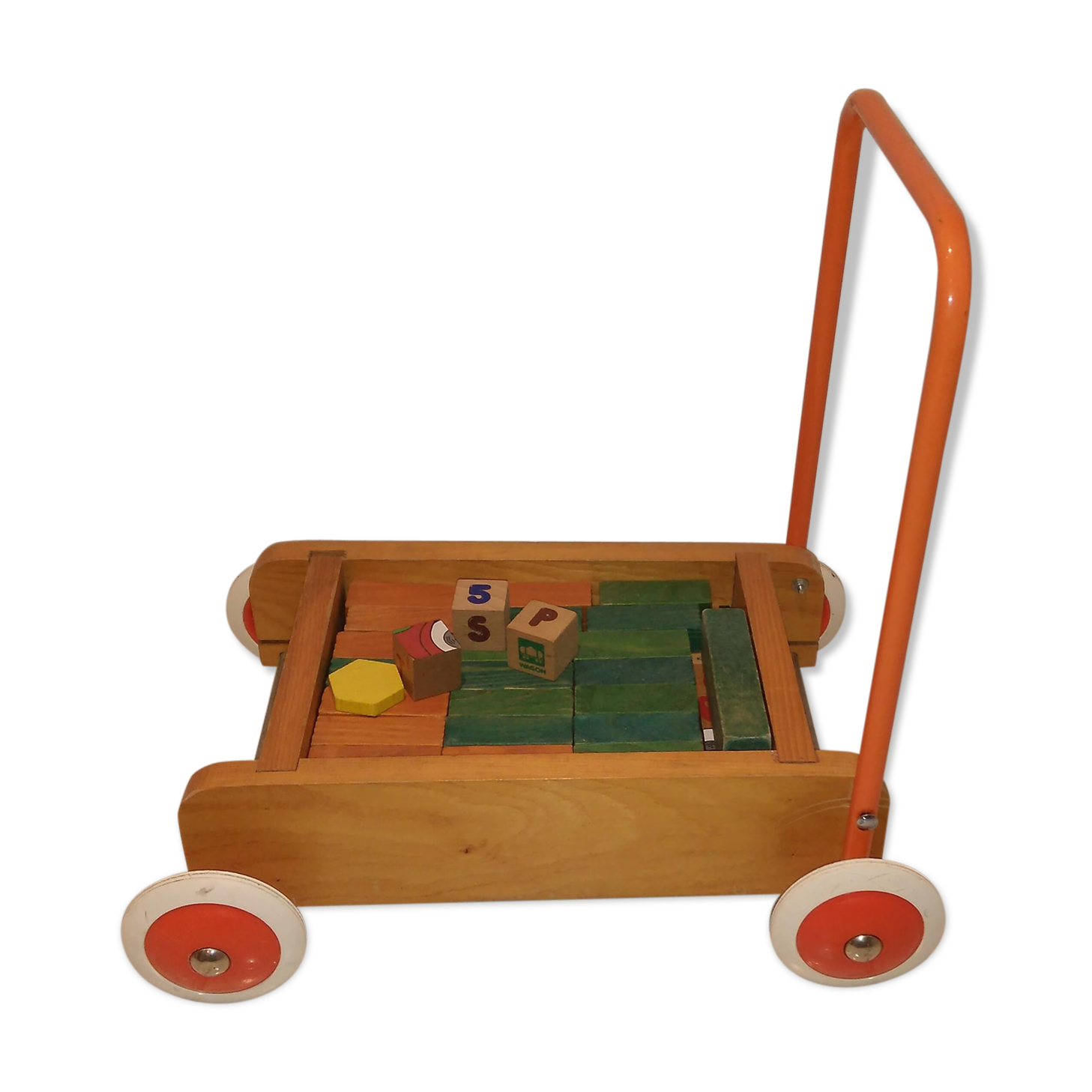 Educational game wood cubes on wheeled cart
