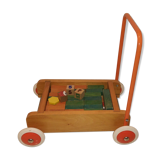 Educational game wood cubes on wheeled cart