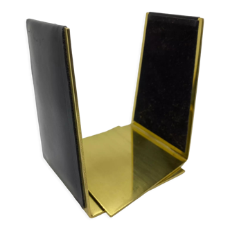 Vintage bookends, black leather and brass