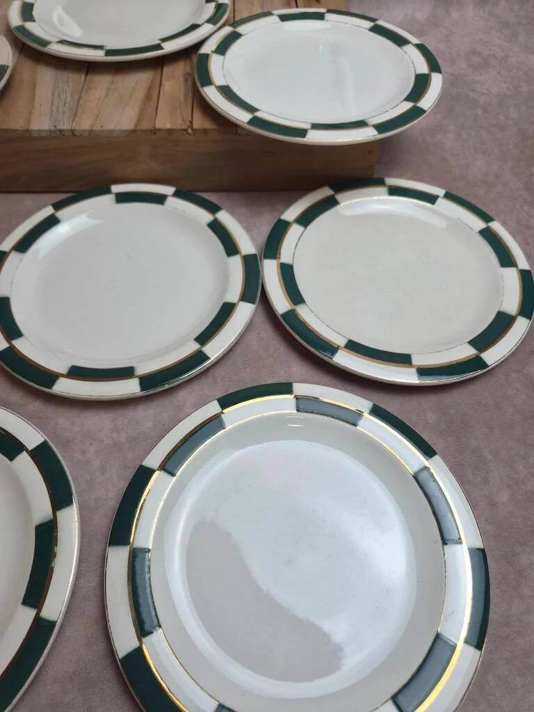 Set of 10 dessert plates Salins – Opaceline Jamier Green – vintage checkered