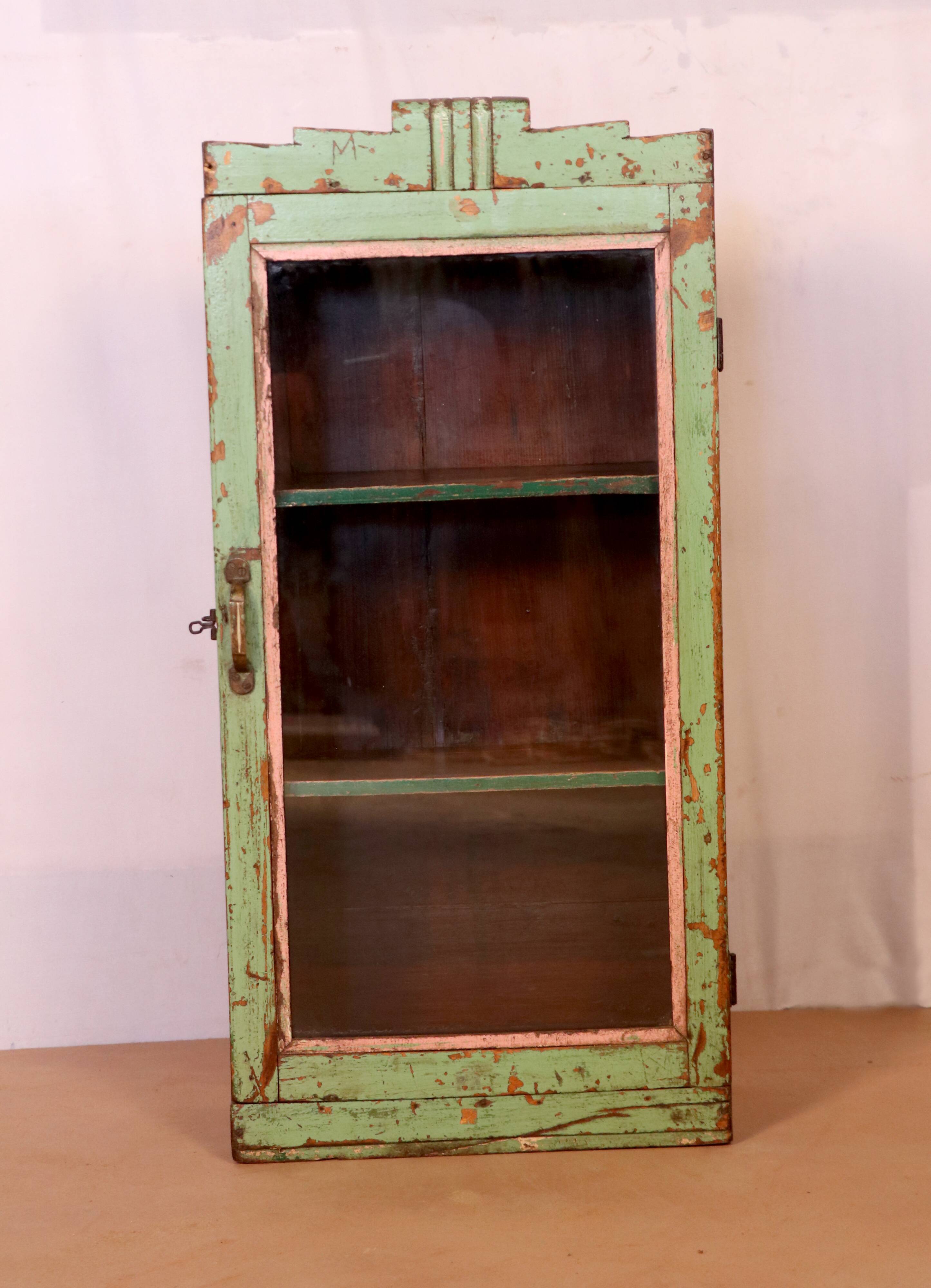 old Art Deco wall display case in original green teak