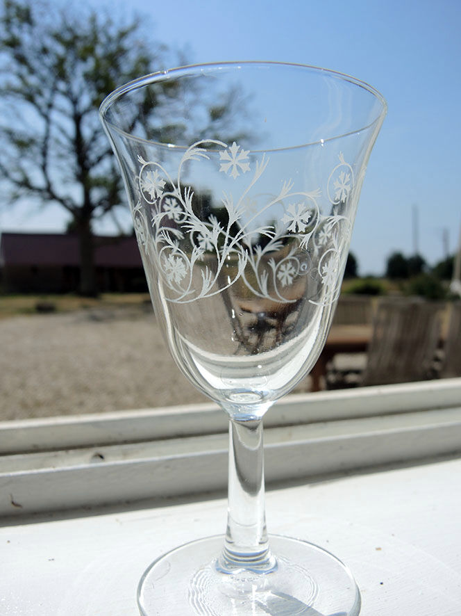 5 old transparent foot glasses – white floral pattern