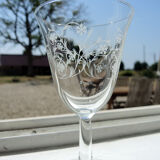 5 old transparent foot glasses – white floral pattern