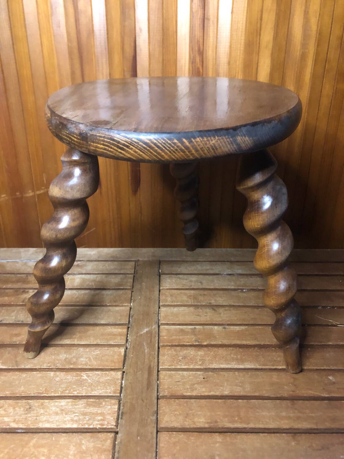 Charles Dudouyt style tripod milking stool vintage twisted wood #a583