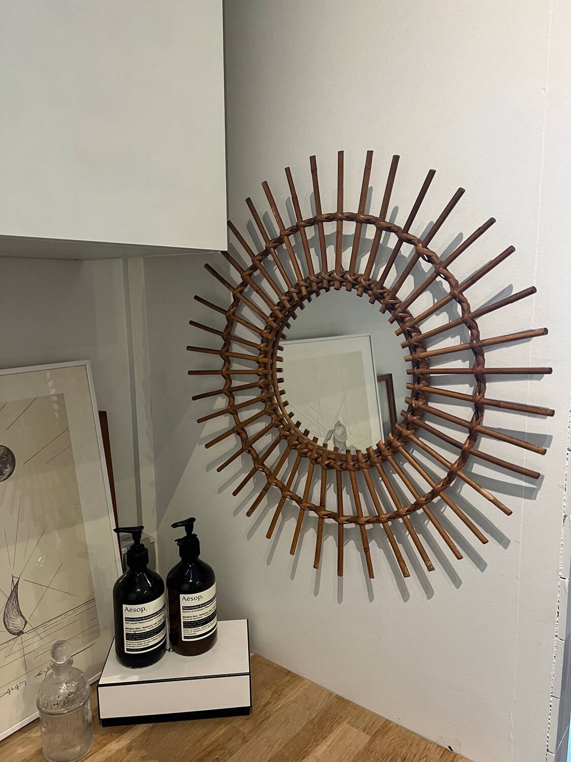 Large vintage rattan sun mirror