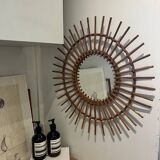 Large vintage rattan sun mirror