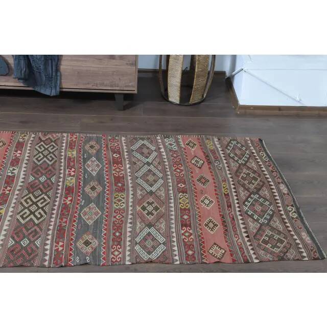 1970s Turkish Oushak Handmade Wool Cotton Brown Kilim Runner Rug 98x418