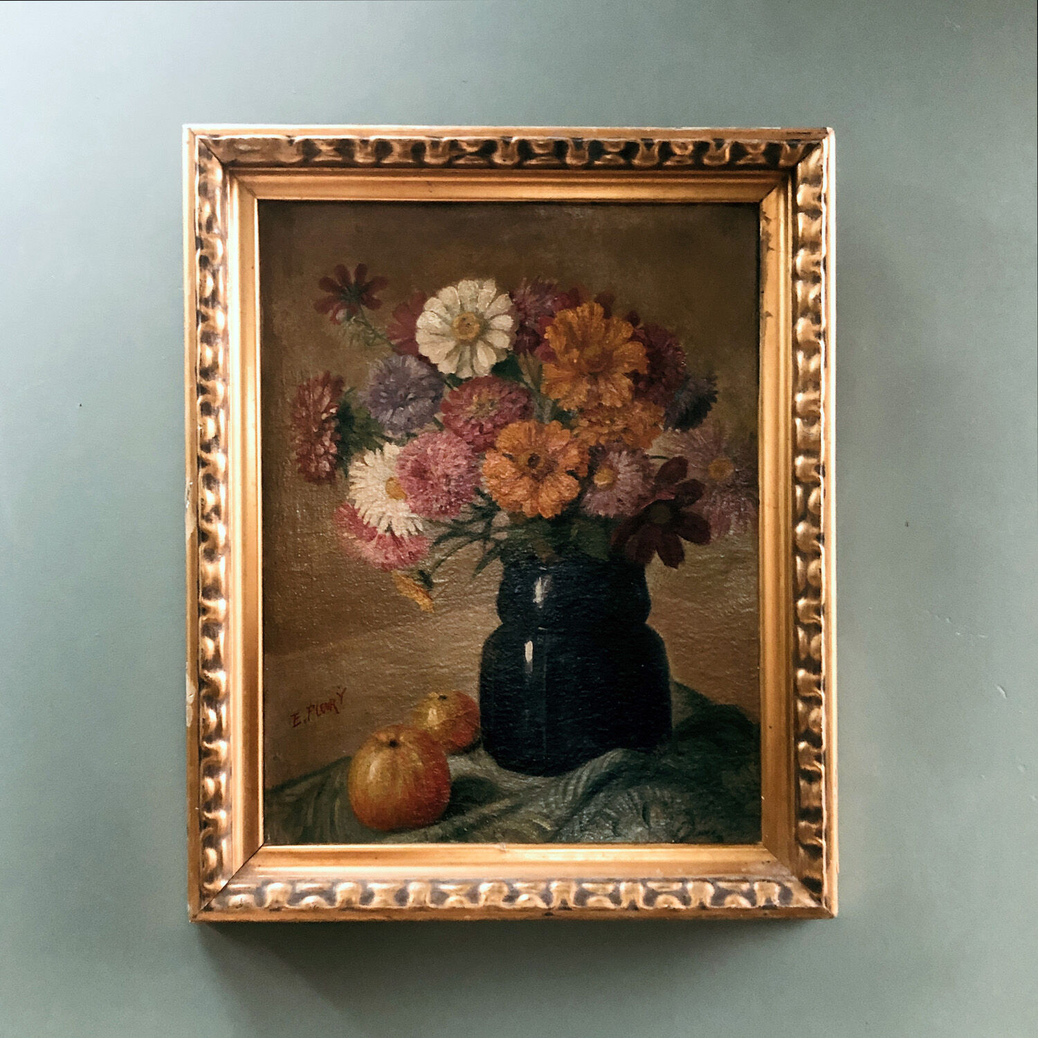 Tableau nature morte années 30 "fleurs et pommes"