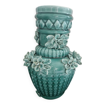 Antique turquoise blue slipware vase