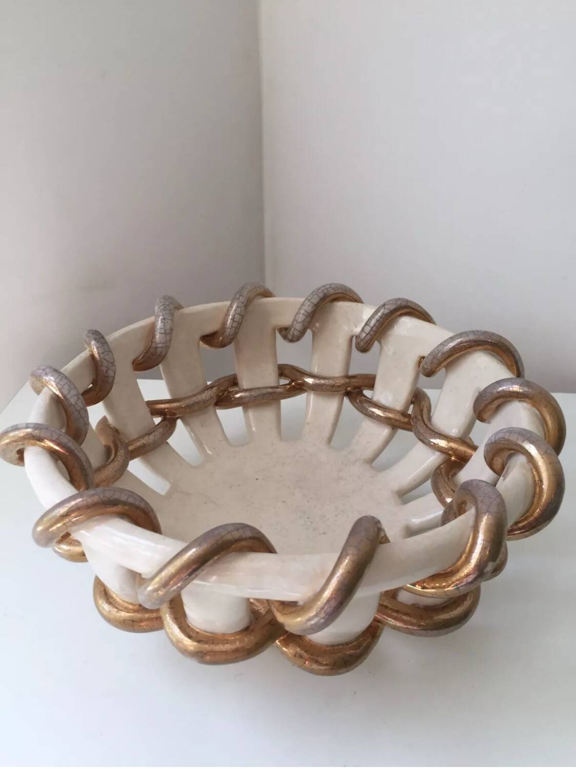 Vintage Vallauris Gold Twisted Basket Bowl? Saint Clément? Émile Tess