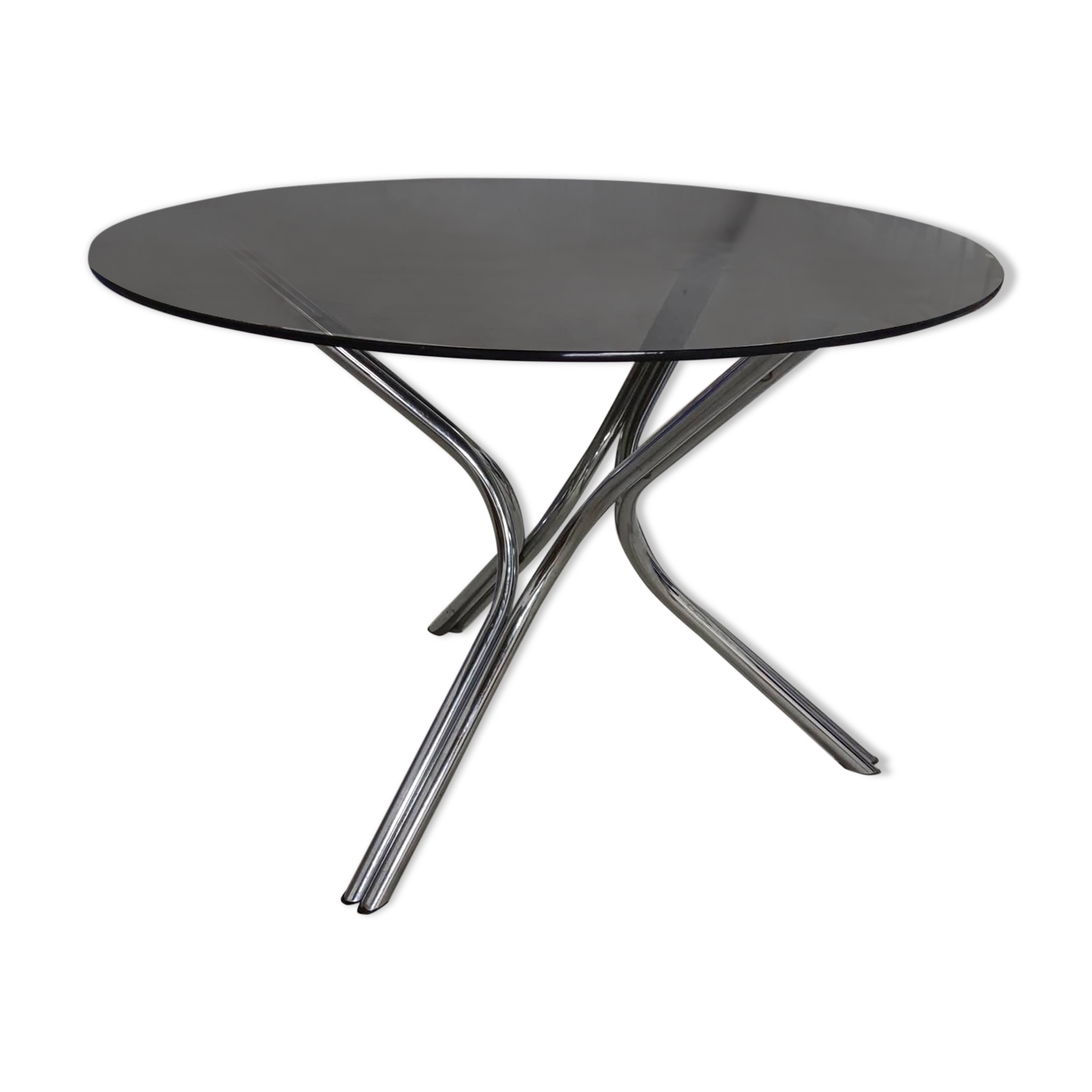 Tripod table in chrome steel and tray in smoked glass circa 1970