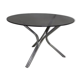 Tripod table in chrome steel and tray in smoked glass circa 1970