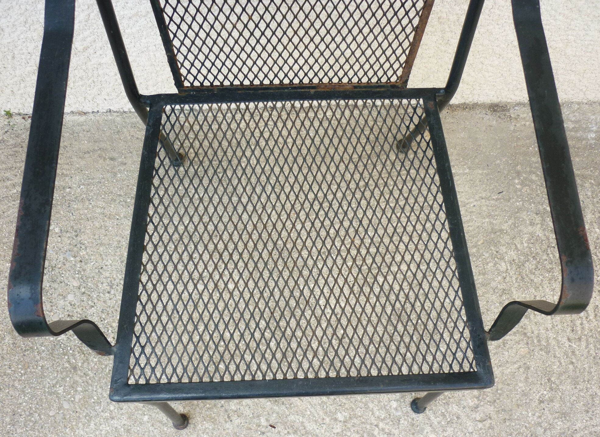 Series of 5 armchairs, openwork metal garden chairs, 60s/70s, stackable