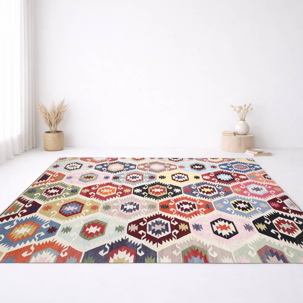 8x11 Vintage Multicolor Handmade Wool Kilim Rug, 254x348Cm