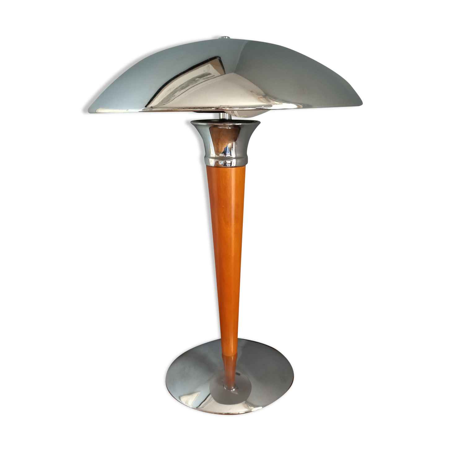Mushroom lamp/ocean liner in chromed metal and vintage wood