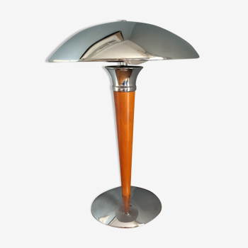 Mushroom lamp/ocean liner in chromed metal and vintage wood