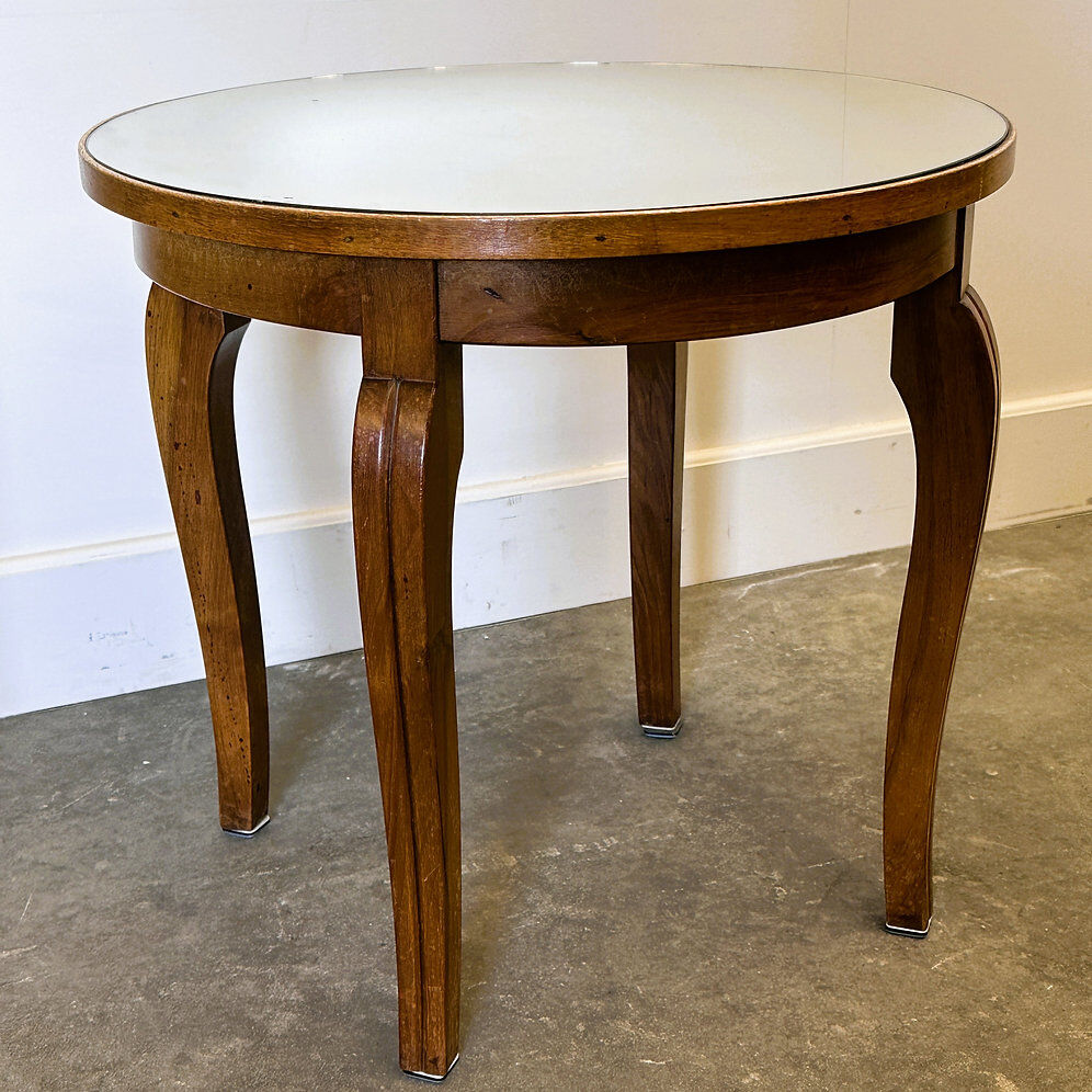 French Art Deco side table, 1930s vintage round wooden table with mirrored top