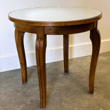 French Art Deco side table, 1930s vintage round wooden table with mirrored top