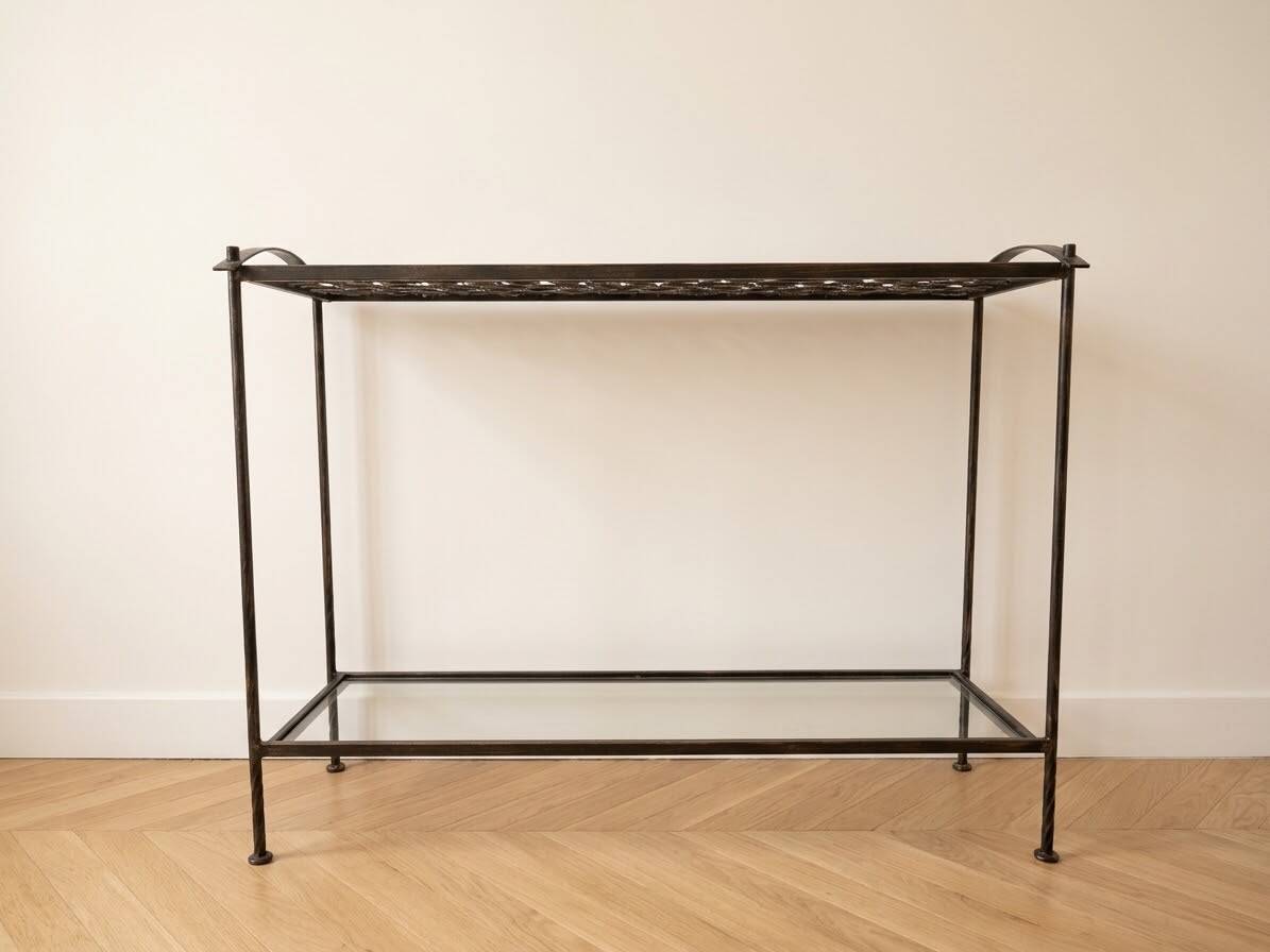 Wrought iron industrial console and glass tops