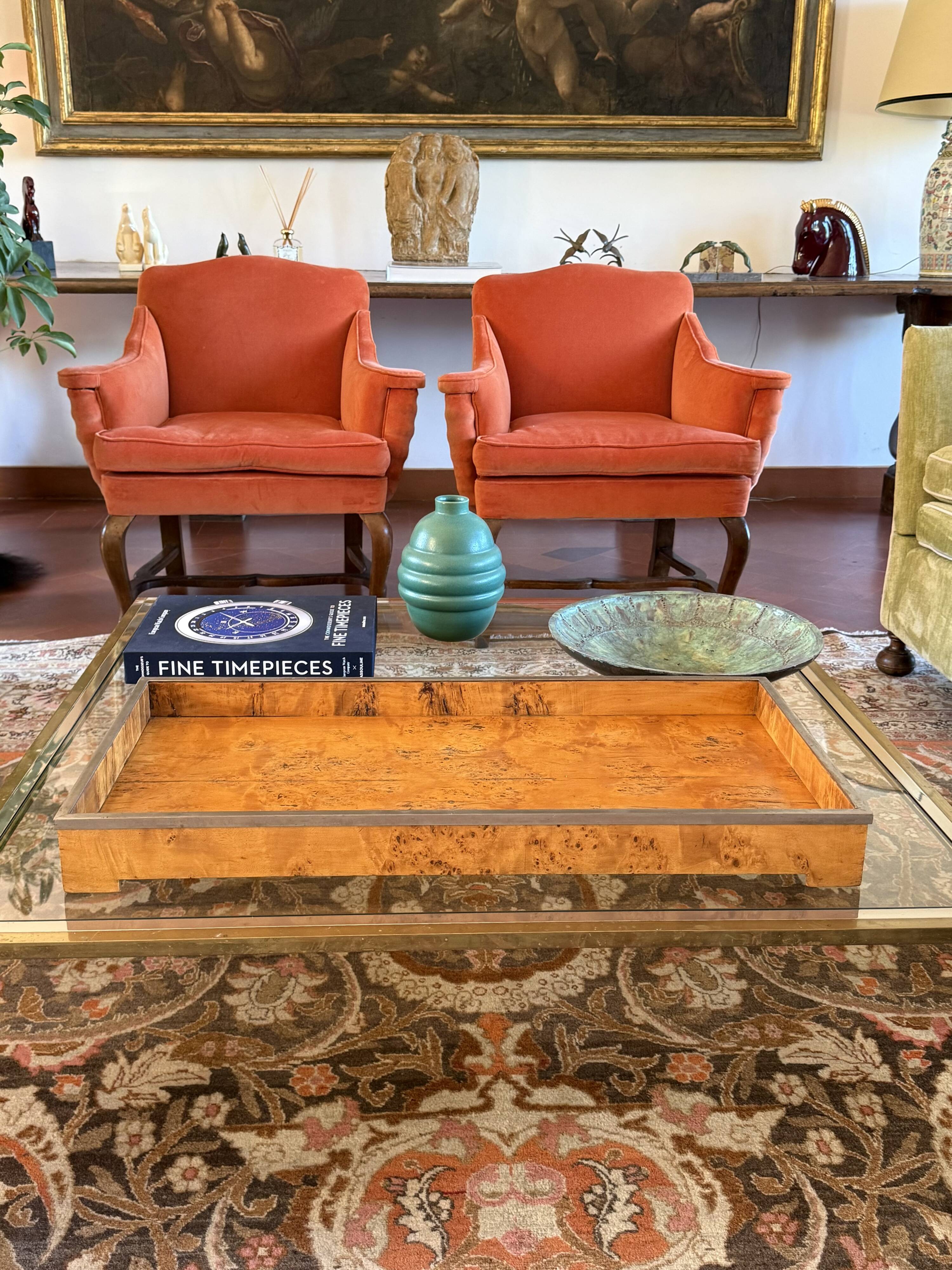 Hollywood regency large wood and brass tray, Italy 1970s