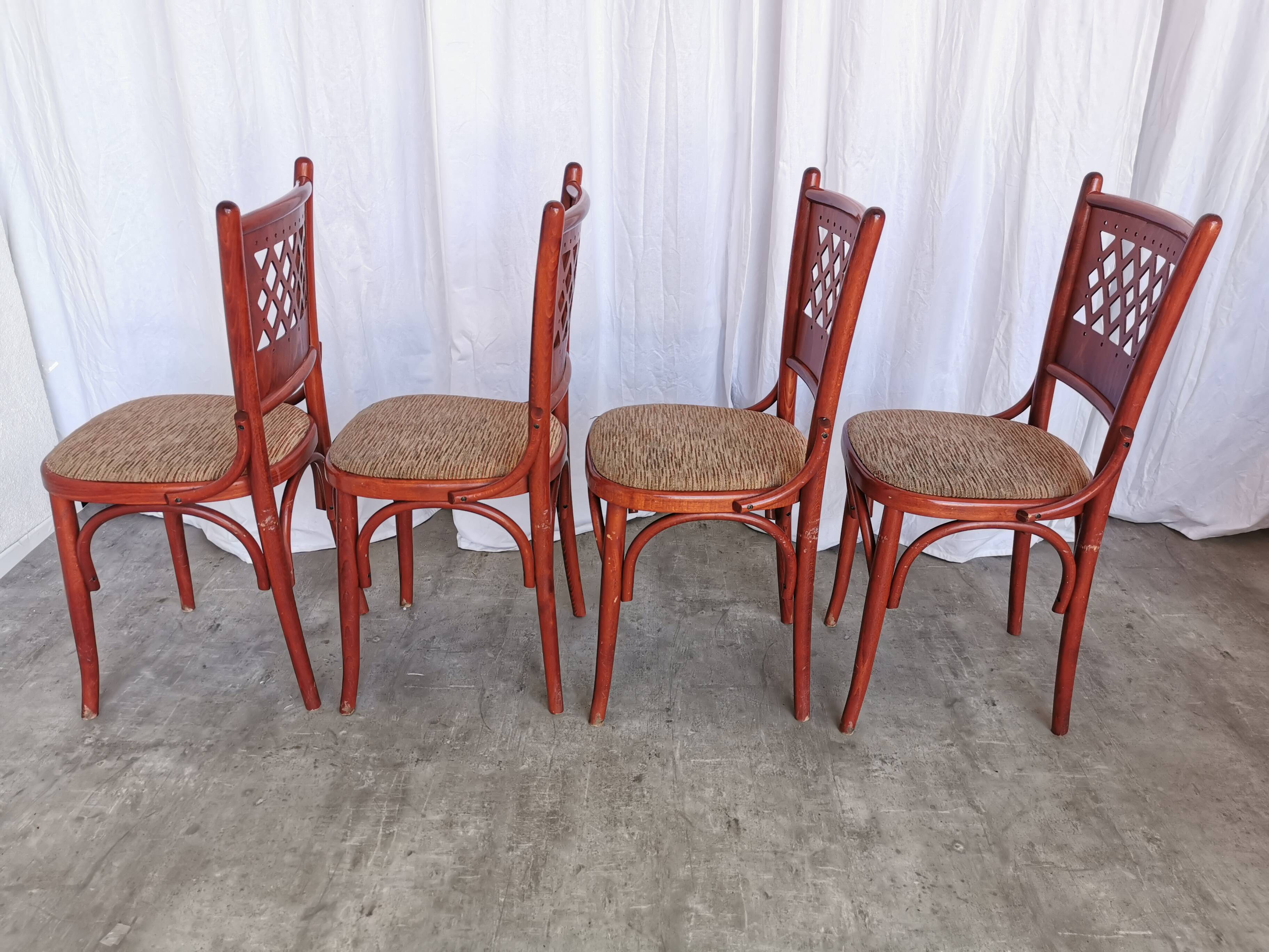 Vintage Italian Bistro Chairs - 1980s Reddish Wood, Brown Fabric - Set of 4