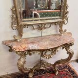 Important console table with a curved shape + Louis XV style mirror in gilded and silvered wood.