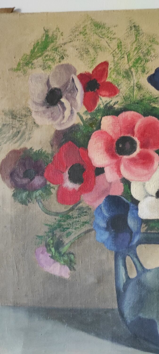 Painting bouquet of anemone flowers from the 40s signed