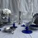 Set of 3 large blue stemmed glasses and 3 small blue stemmed glasses