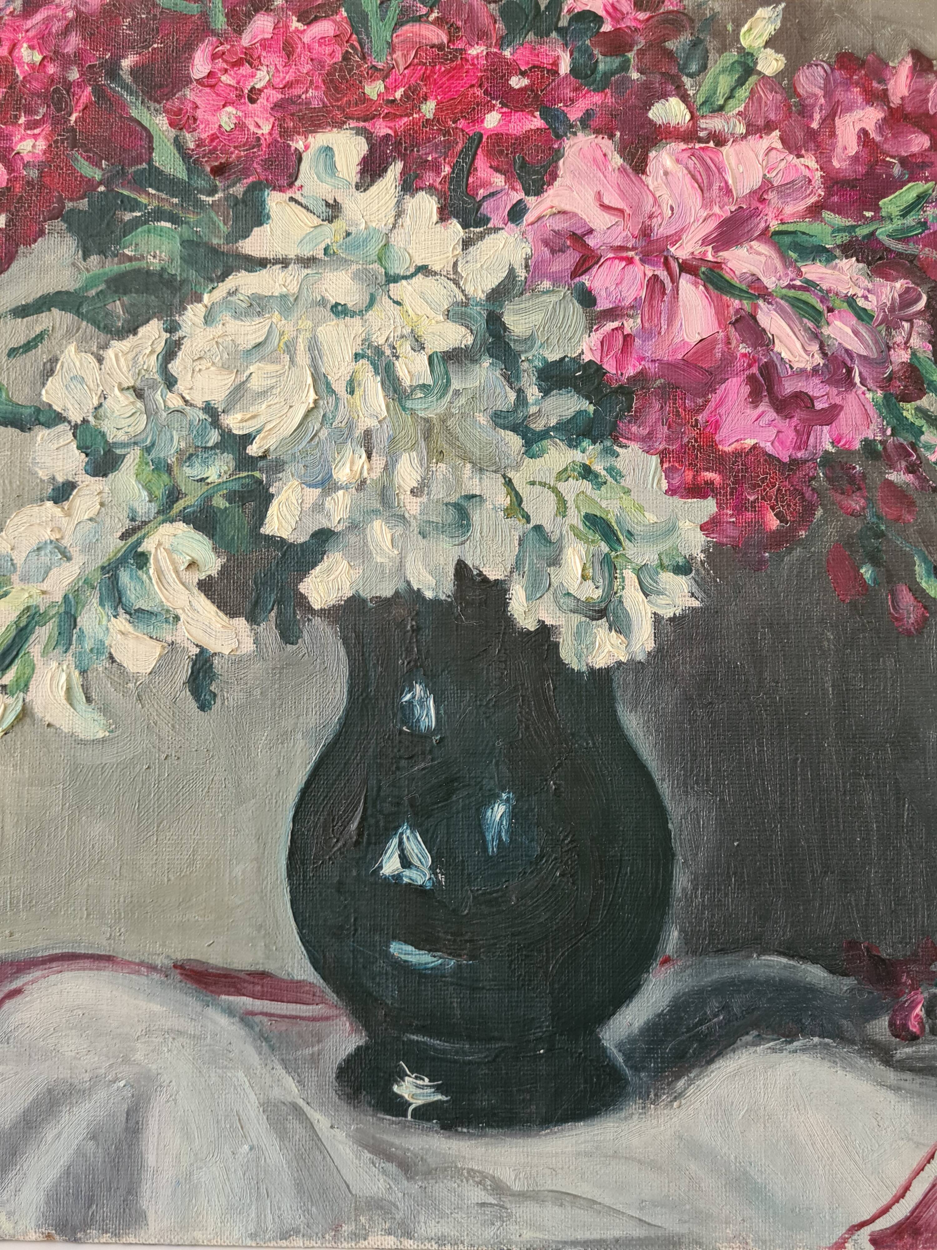 Bouquet in a black vase, oil by Seevagen