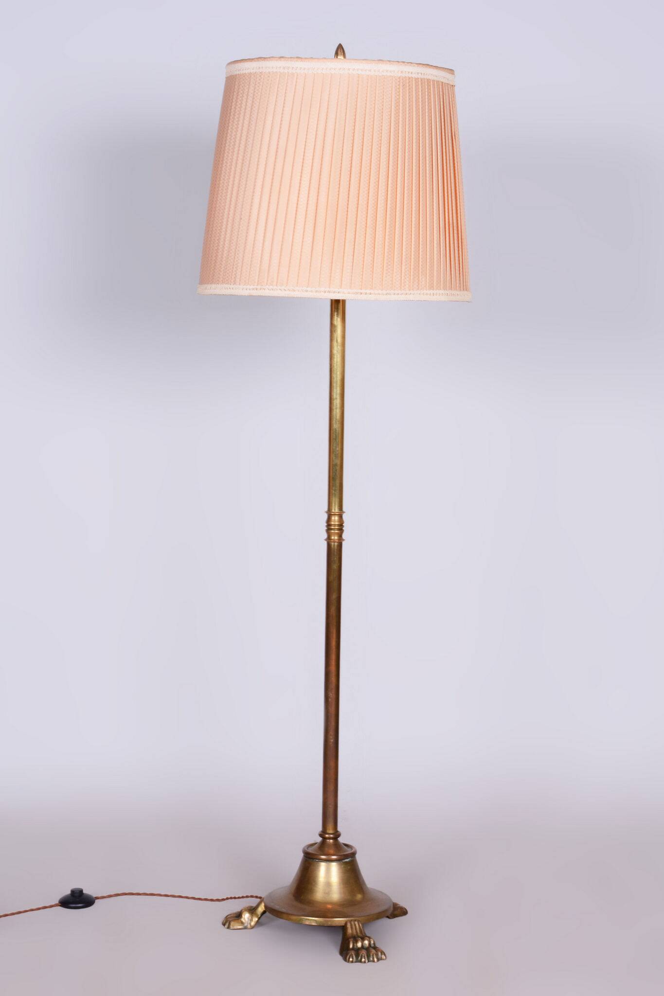 Restored Brass Art Deco Floor Lamp, France, Original Textile Shade, 1920s