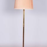 Restored Brass Art Deco Floor Lamp, France, Original Textile Shade, 1920s