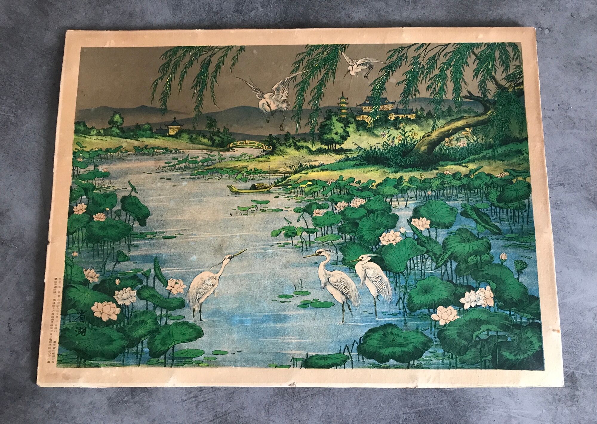 Ancient ESTAMPE of ASIA with Polychrome Decoration of Natural Landscape and Herons, XIXth