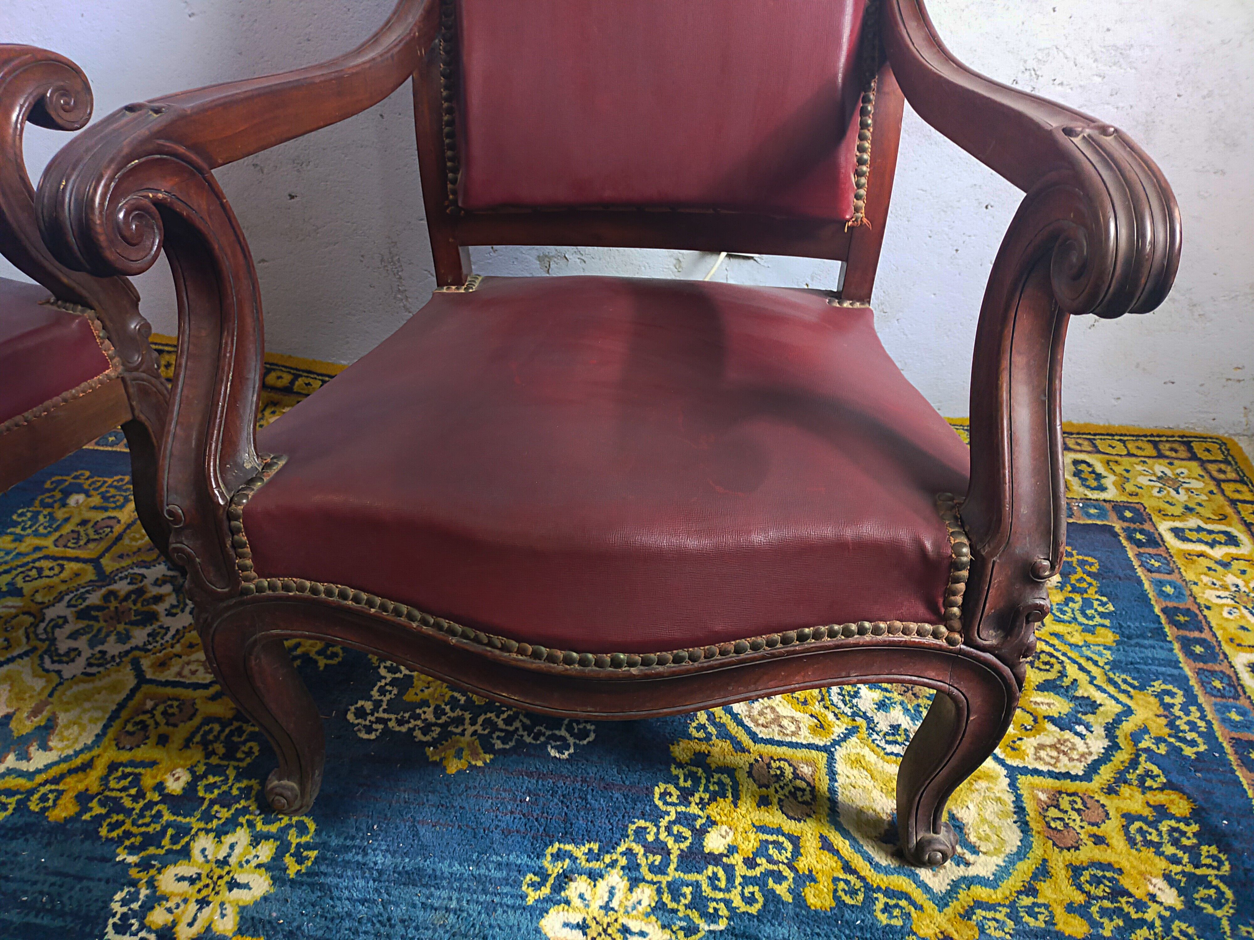 Series of 6 Louis XV armchairs in mahogany and leather