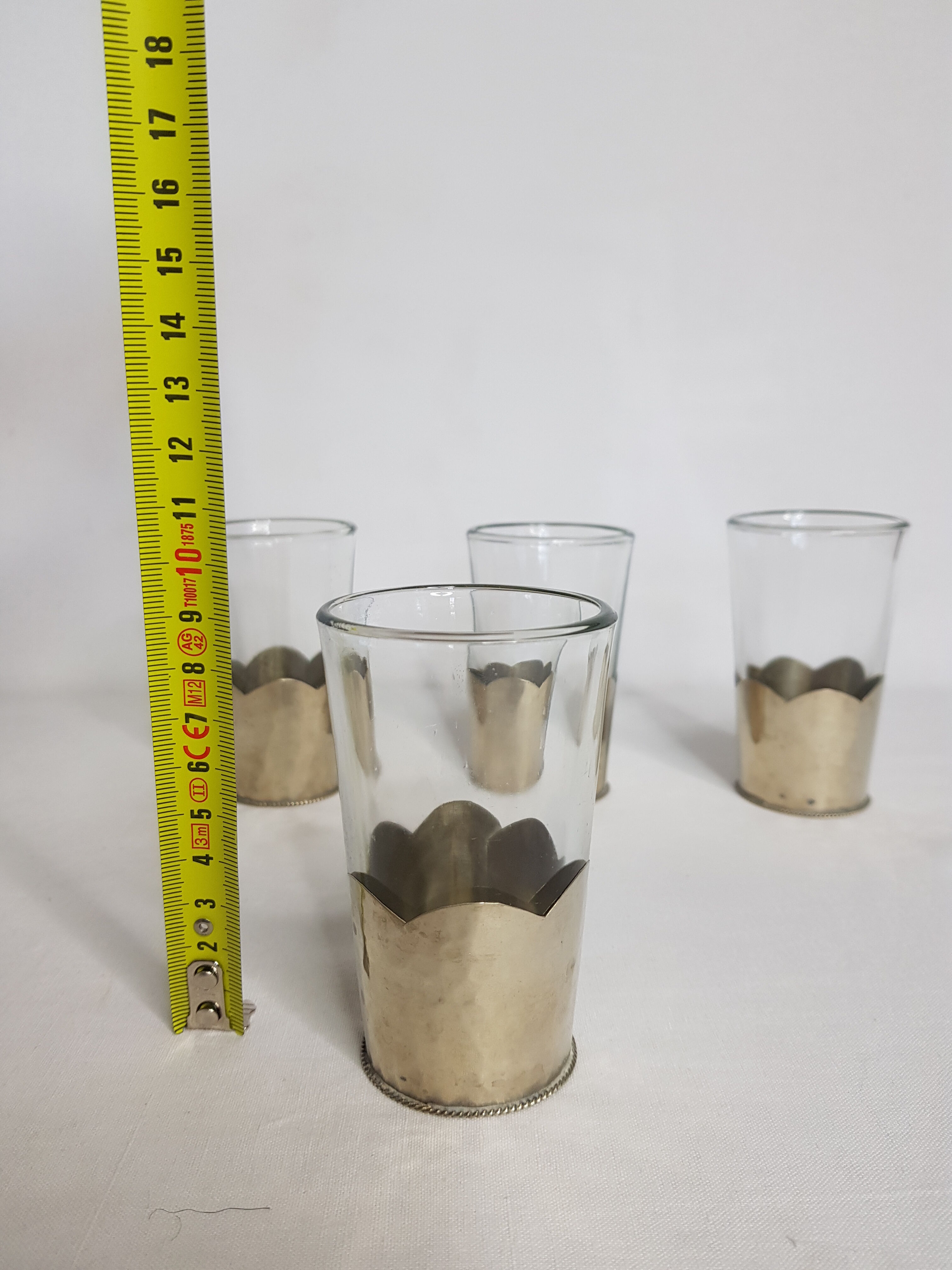 Set of 5 old Moroccan tea glasses in hammered glass and maillechort