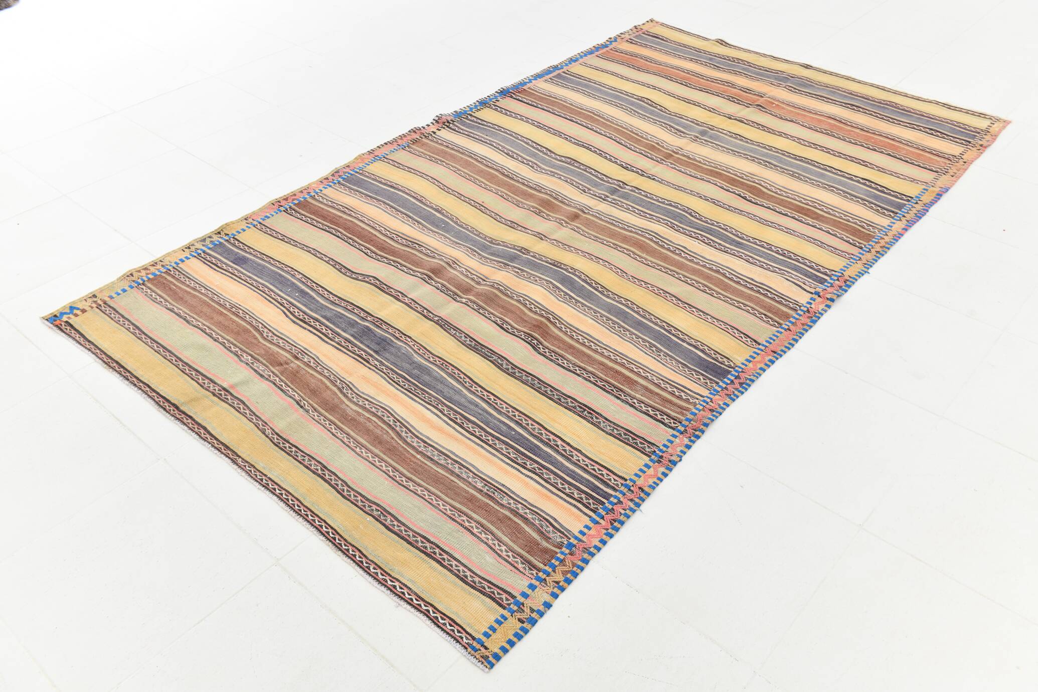Yellow & Brown Striped Kilim Rug, Turkis Kilim Rug, 152x271Cm