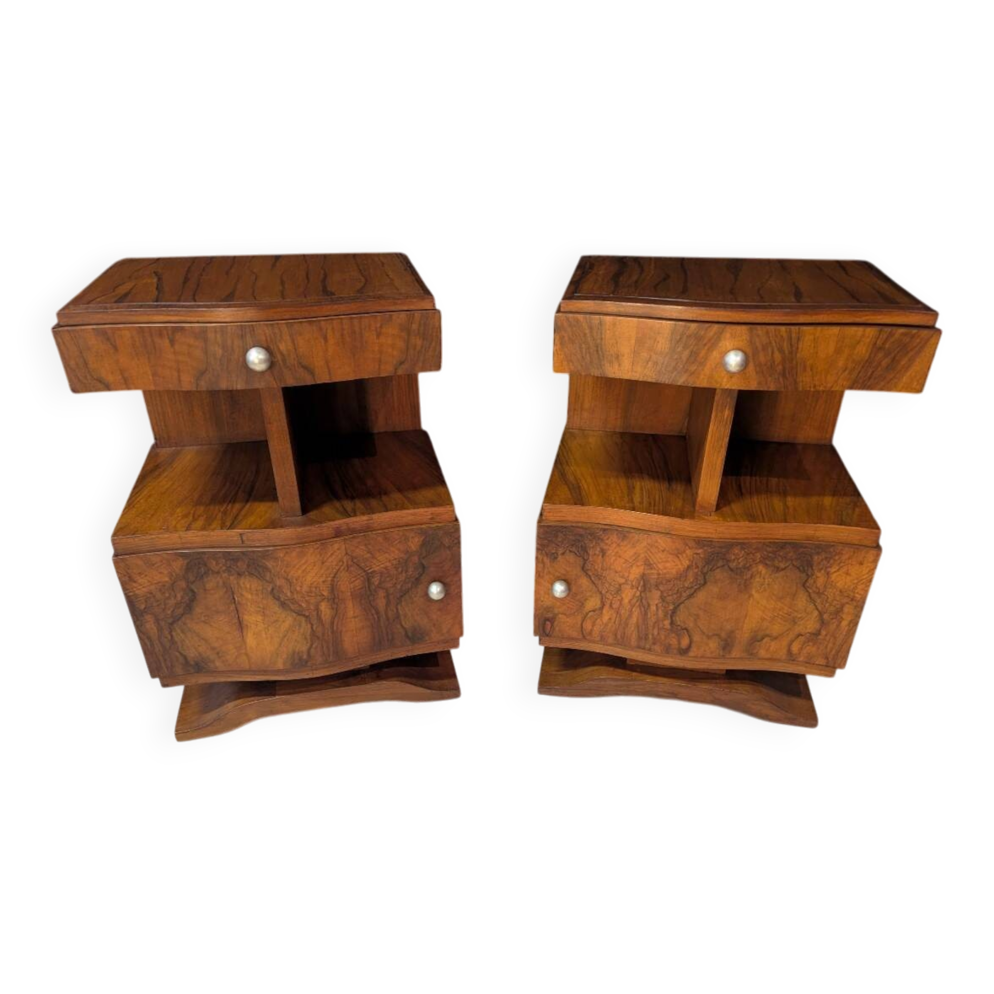 Pair of Art Deco bedside tables in walnut, left and right.