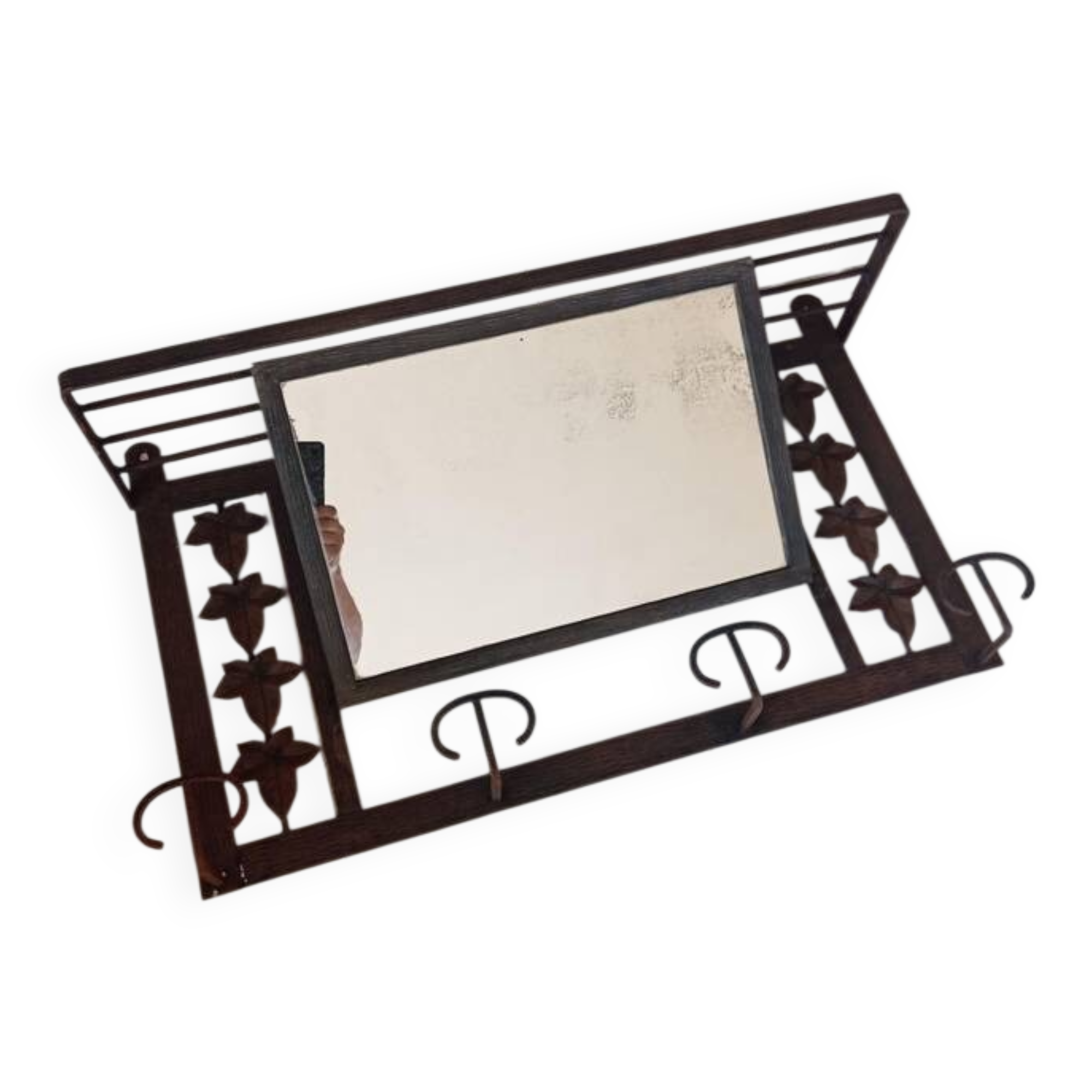 Wall-mounted coat rack mirror in wrought iron – Rustic / country style