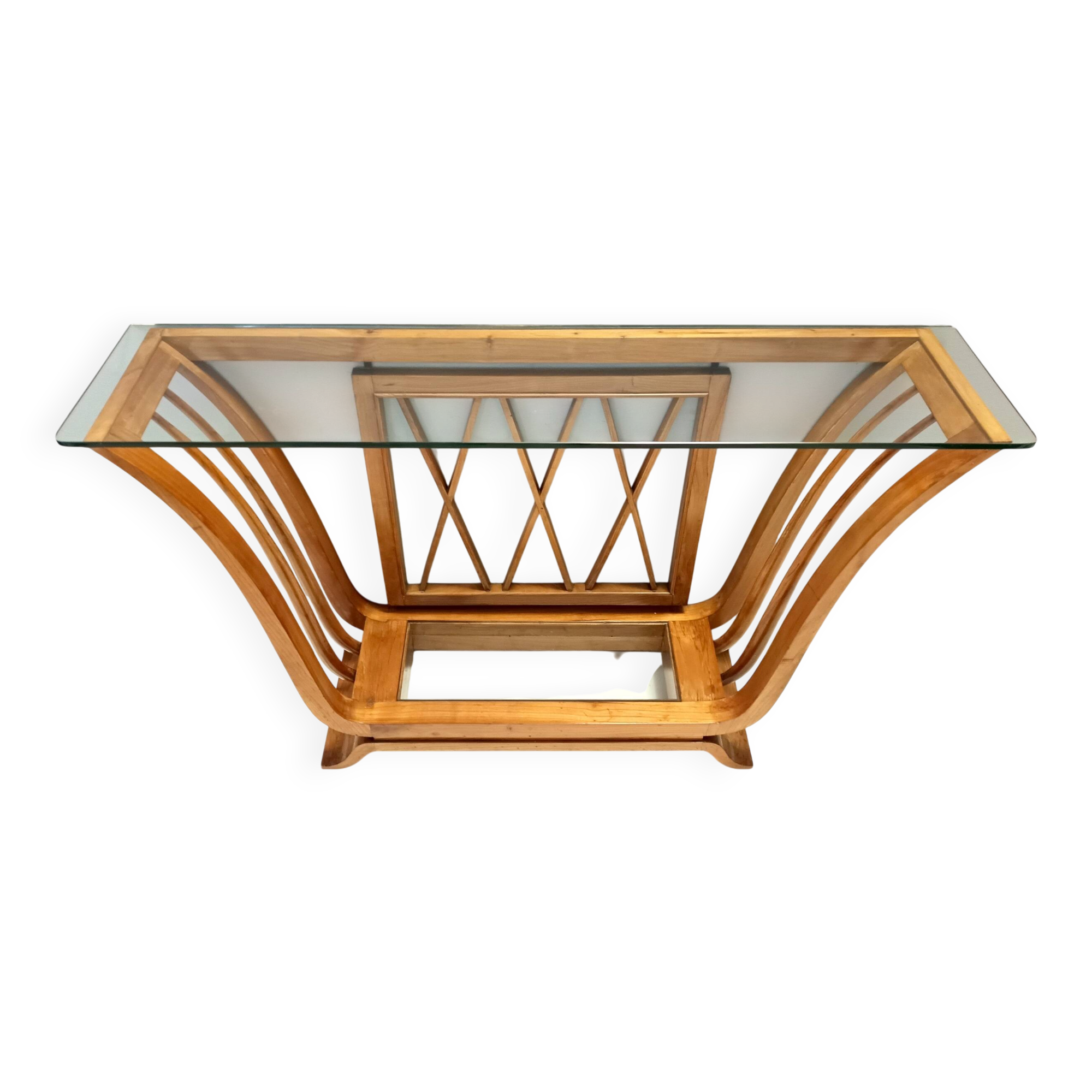Art Deco Cherrywood Console Table with a Rectangular Glass Top, Italy