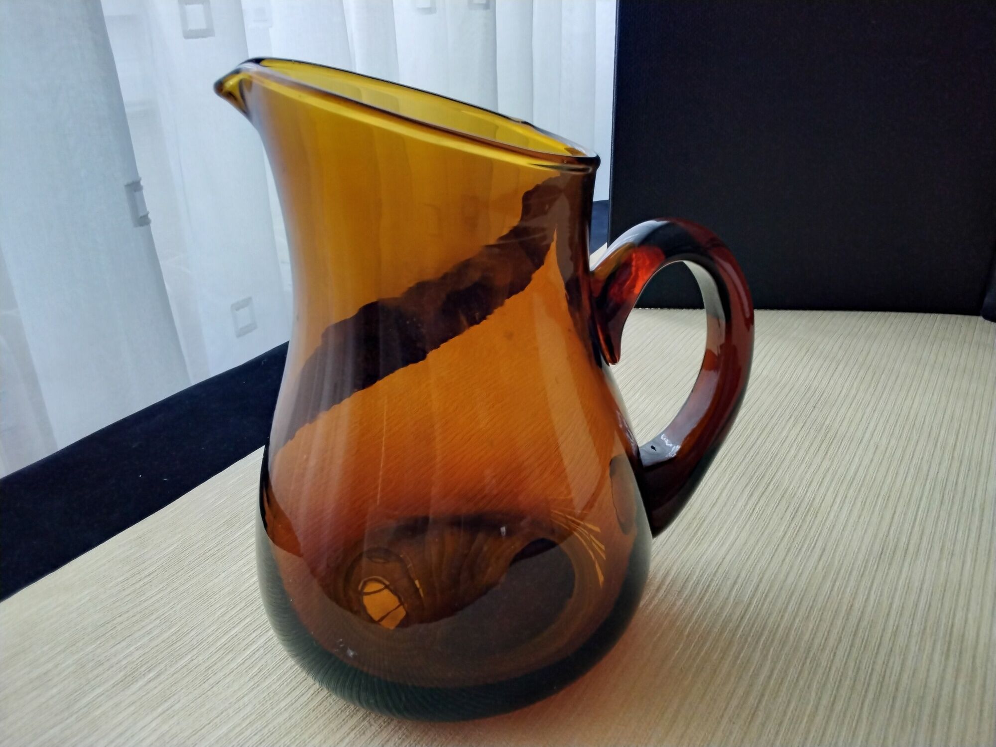 Water pitcher, dark amber blown glass decanter 1.5 L