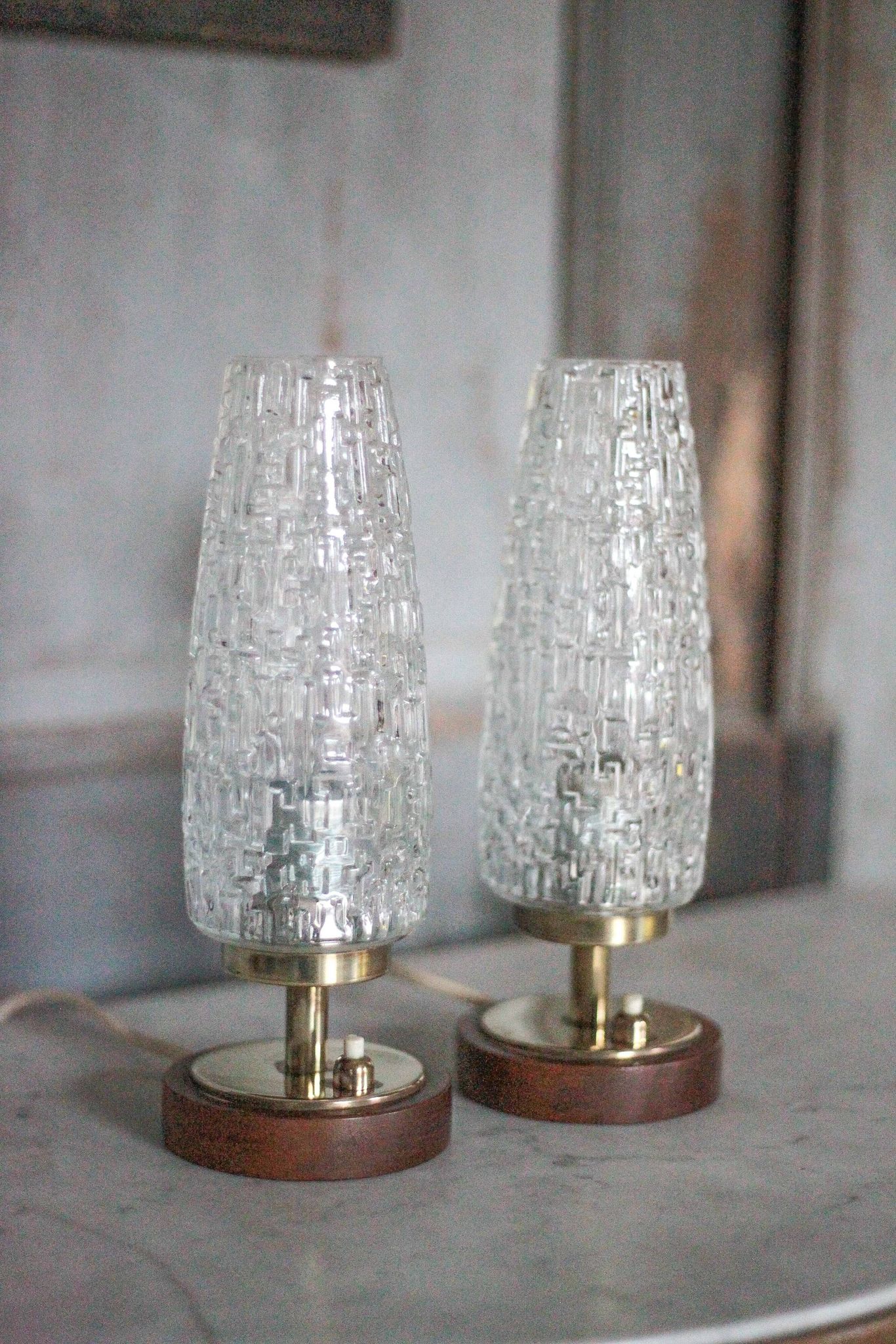 Pair of vintage lamps, bedside lamps, oblong glass globe lamps