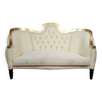 Vintage bench with tufted backrest, upholstered in ivory fabric