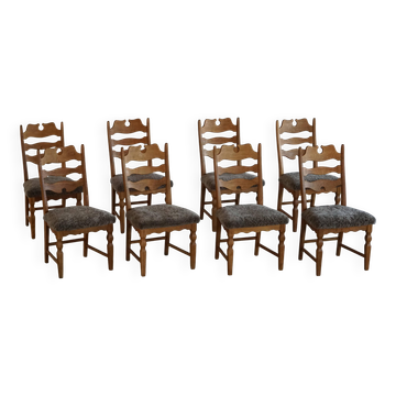 Denmark mid-century, set of 8 oak and lambswool chairs, Henning Kjærnulf, 1960s