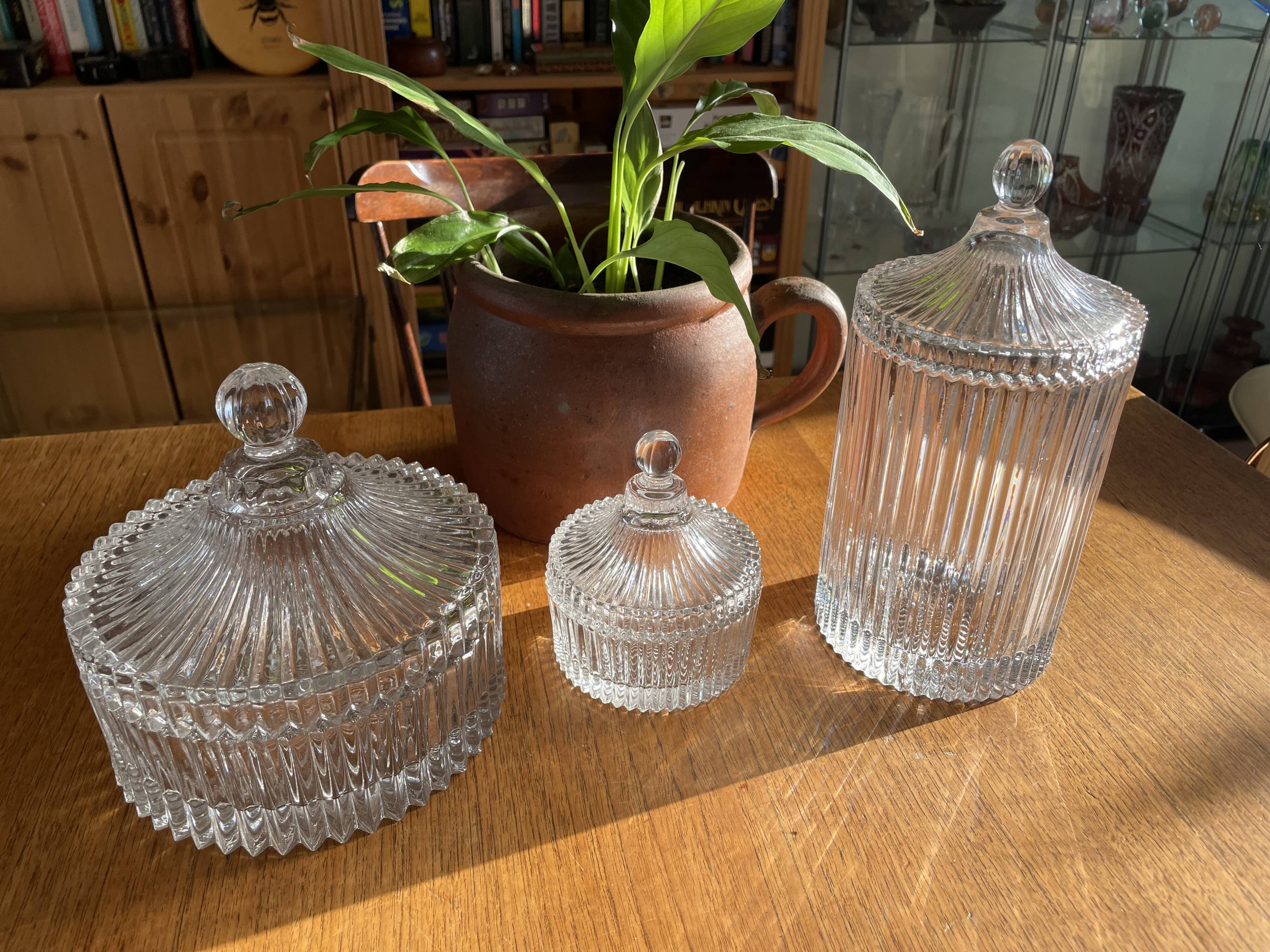 Set of 3 striped glass candy jars with lid or pharmacy jars.